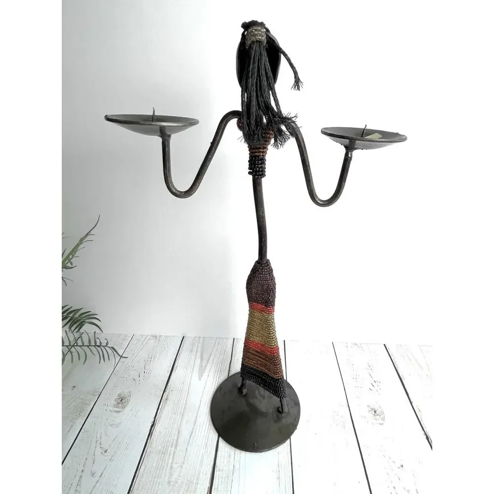 African Metal Beaded Candle Holder Sculpture Figurine Holds 2 Candles 15.5” Tall